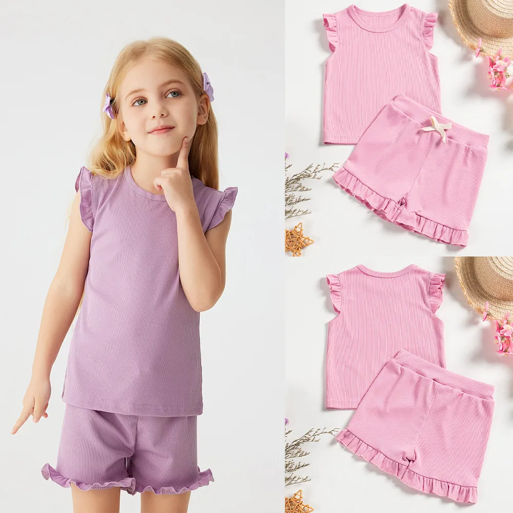Girls Summer Basic Solid Color Casual Cap Sleeve Top Shorts Set