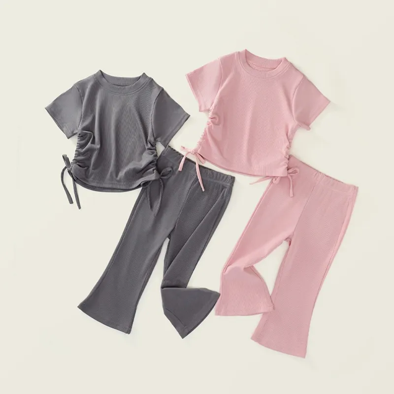 Girls Casual Solid Color Short Sleeve T-Shirt And Flared Pants Two-Piece Set Summer