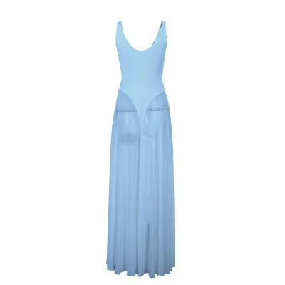 Women Fashion Sexy Elegant Solid Color Mesh V-Neck Sleeveless Slim-Fit Maxi Dress