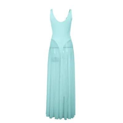 Women Fashion Sexy Elegant Solid Color Mesh V-Neck Sleeveless Slim-Fit Maxi Dress