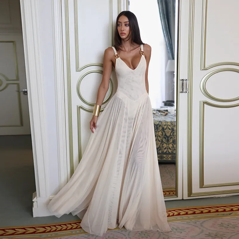 Women Fashion Sexy Elegant Solid Color Mesh V-Neck Sleeveless Slim-Fit Maxi Dress