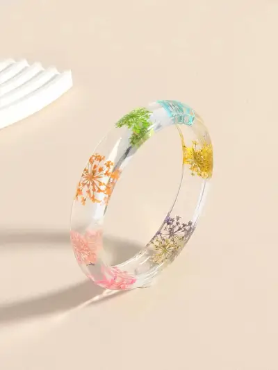 Women Fashion Transparent Multicolor Dried Flower Resin Beaded Bracelet