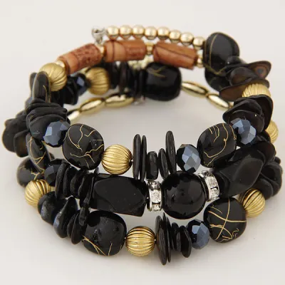 Women Bohemian Handmade Wooden Beaded Shell Crystal Multilayer Bracelet