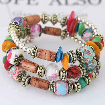 Women Bohemian Handmade Wooden Beaded Shell Crystal Multilayer Bracelet