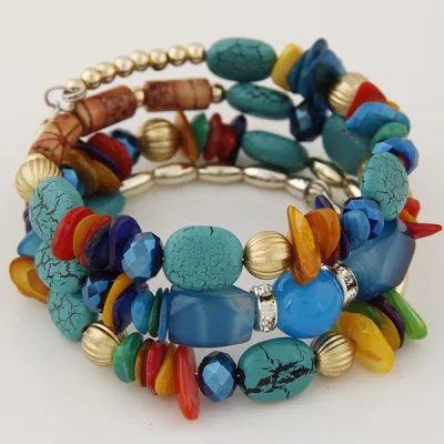 Women Bohemian Handmade Wooden Beaded Shell Crystal Multilayer Bracelet