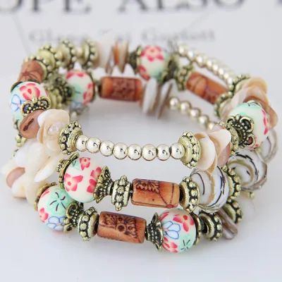 Women Bohemian Handmade Wooden Beaded Shell Crystal Multilayer Bracelet