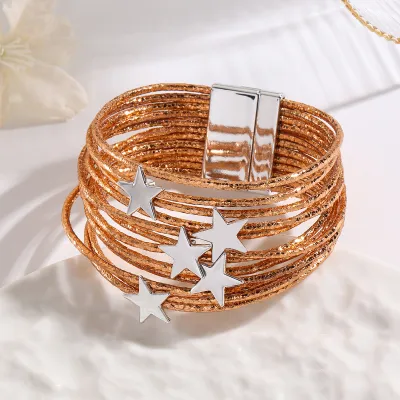Women Fashion Creative Multi-Layer Five-Pointed Star Leather Bracelet