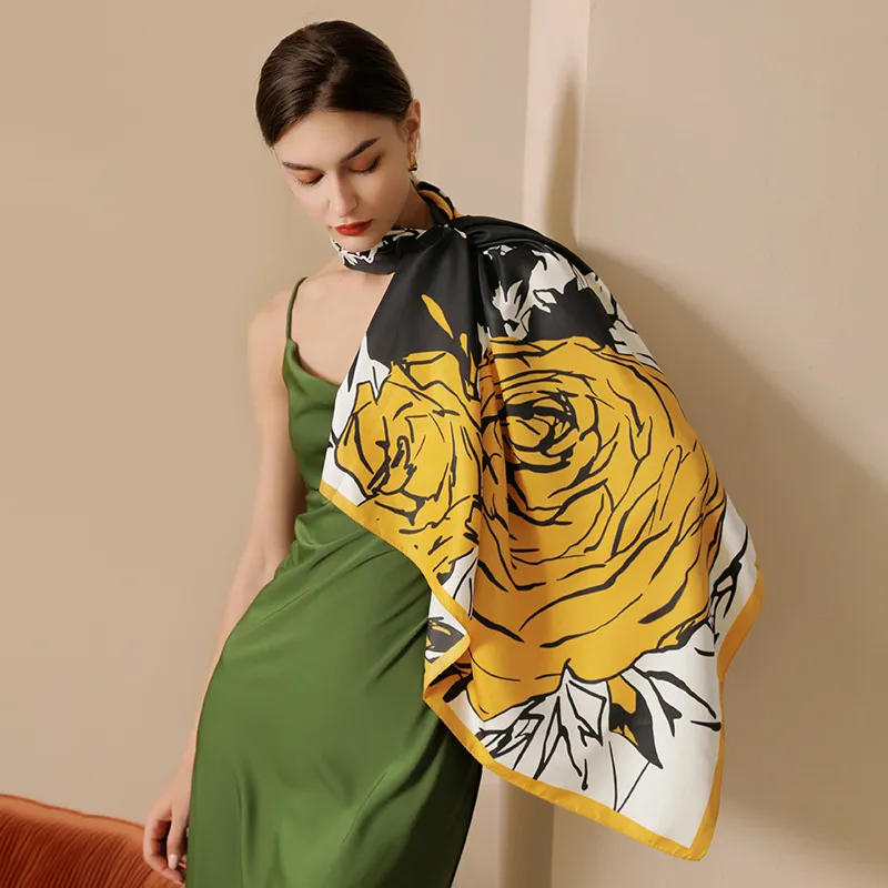 Women Spring Vintage Flower Printed Square Scarf 90x90CM