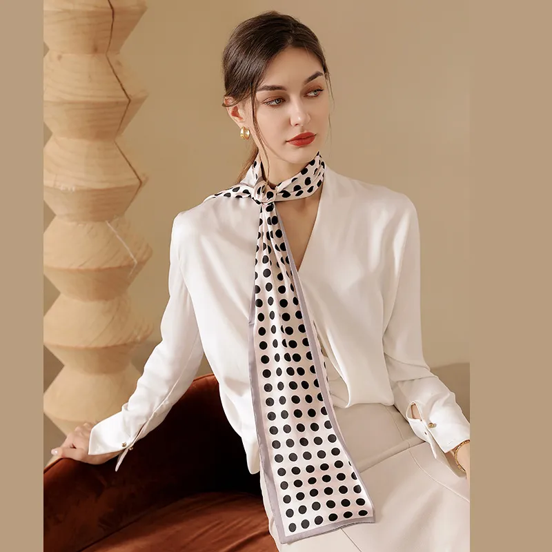 Women Spring Casual Polka Dot Skinny Neckerchief Silk Scarf