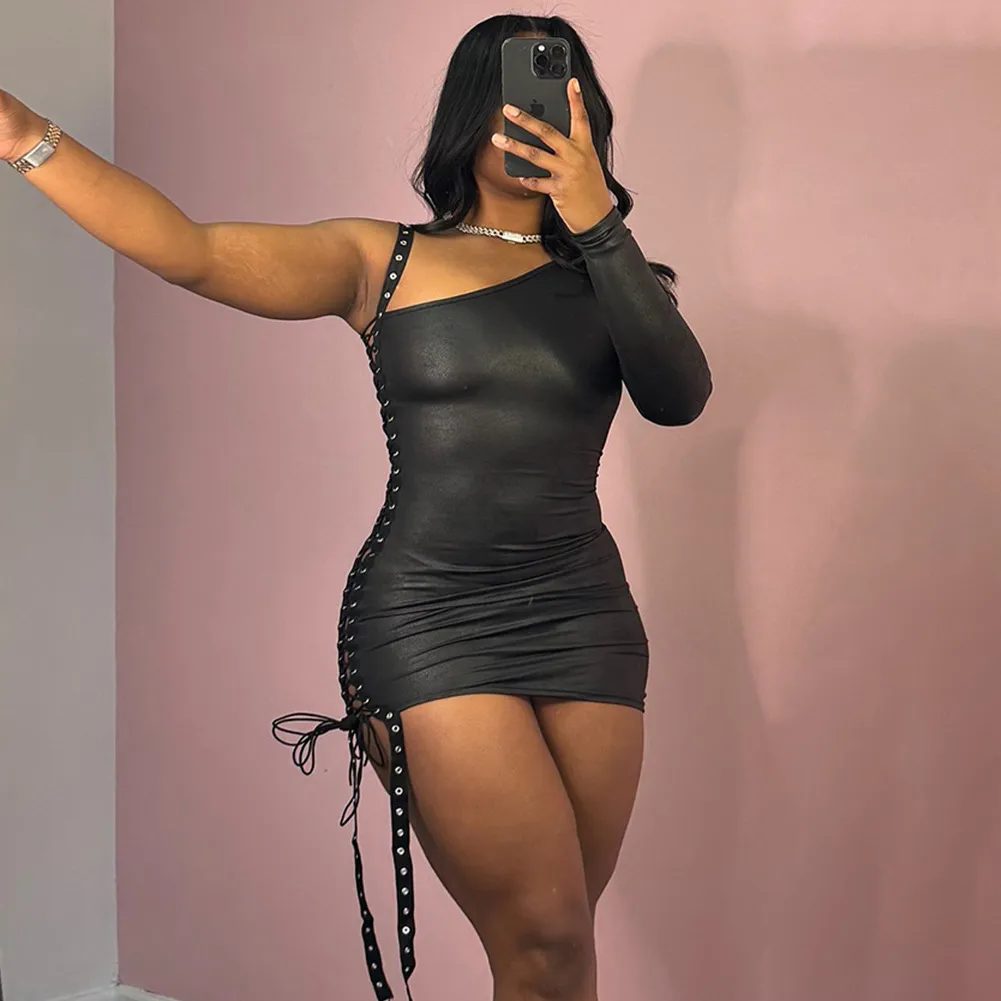 Women Sexy Solid Color Oblique Collar Hollow-Out Lace-Up Sleeve Tight Dress