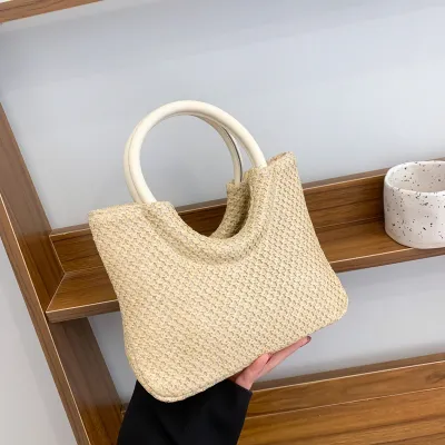 Women Fashion Casual Straw Woven Circular Ring Handbag Bucket Bag