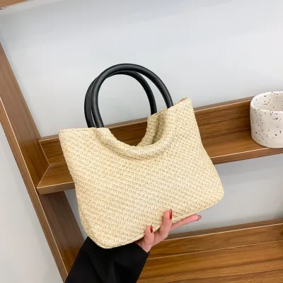 Women Fashion Casual Straw Woven Circular Ring Handbag Bucket Bag