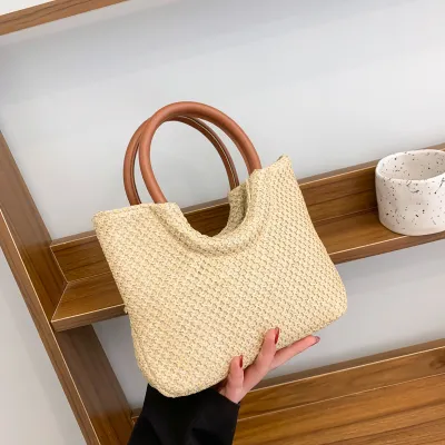 Women Fashion Casual Straw Woven Circular Ring Handbag Bucket Bag