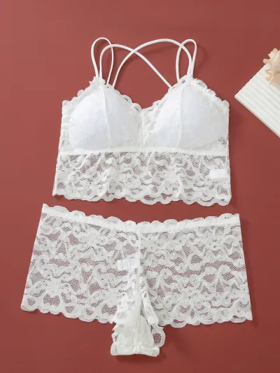 Women Sexy Solid Color Hollow Lace Non-Steel Ring Bra Panties Two-Piece Set