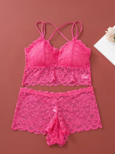Women Sexy Solid Color Hollow Lace Non-Steel Ring Bra Panties Two-Piece Set