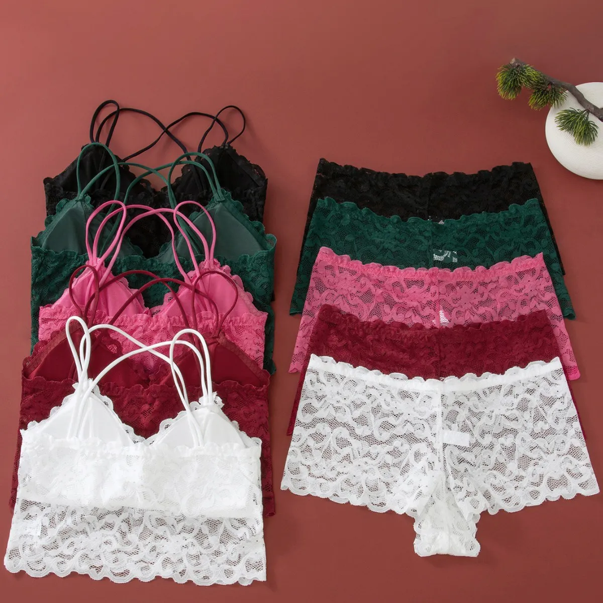 Women Sexy Solid Color Hollow Lace Non-Steel Ring Bra Panties Two-Piece Set