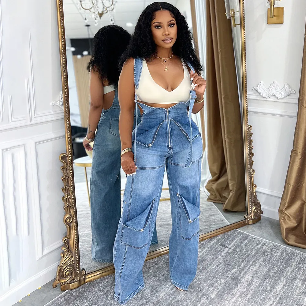 Women Fashion Casual Zipper Loose Denim Suspenders Jumpsuit