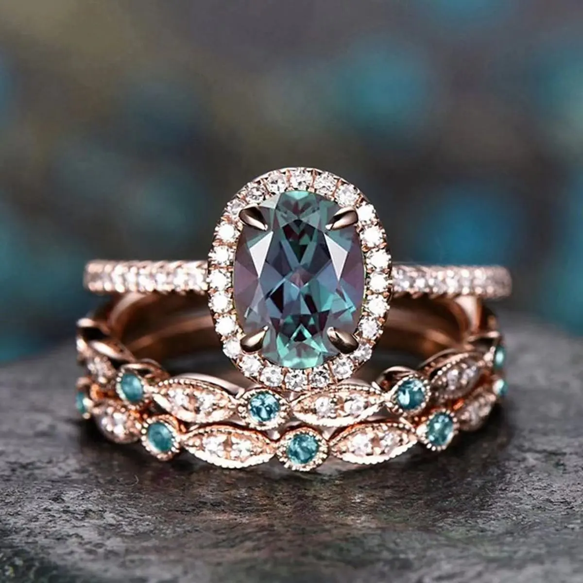 Women's Fashion Simple Gemstone Stackable Ring Three-Piece Set Light Luxury Geometric Commuter