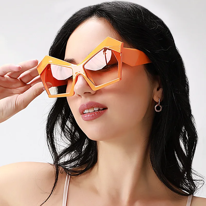 Fashion Polygon Large Frame Cat Eye Sunglasses Retro AC Lens PC Frame