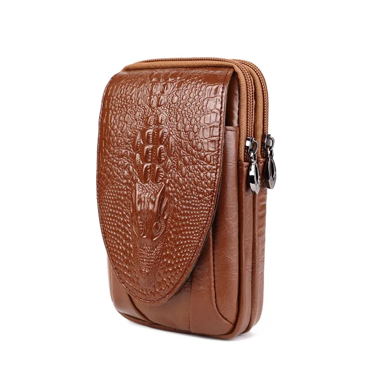 Men's Fashion Casual Cowhide Crocodile Pattern Mobile Phone Waist Bag Vertical Square