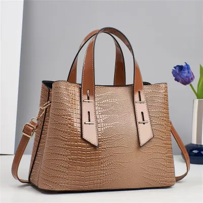 Women Fashion Casual Solid Color Crocodile Pattern Large Capacity Handbag