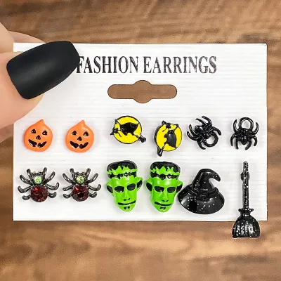 Fashion Halloween Dropping Oil Ghosts Bats Pumpkins Earrings Set