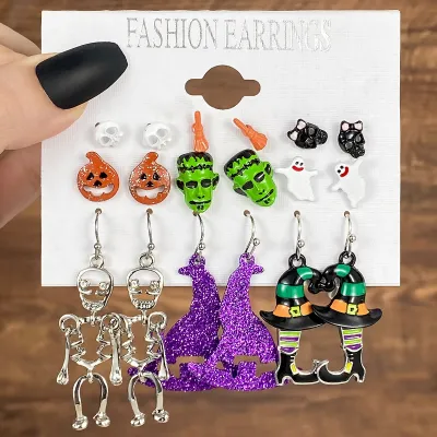 Fashion Halloween Dropping Oil Ghosts Bats Pumpkins Earrings Set