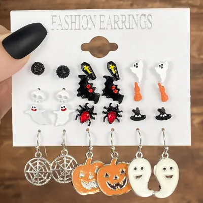 Fashion Halloween Dropping Oil Ghosts Bats Pumpkins Earrings Set