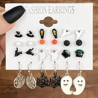 Fashion Halloween Dropping Oil Ghosts Bats Pumpkins Earrings Set
