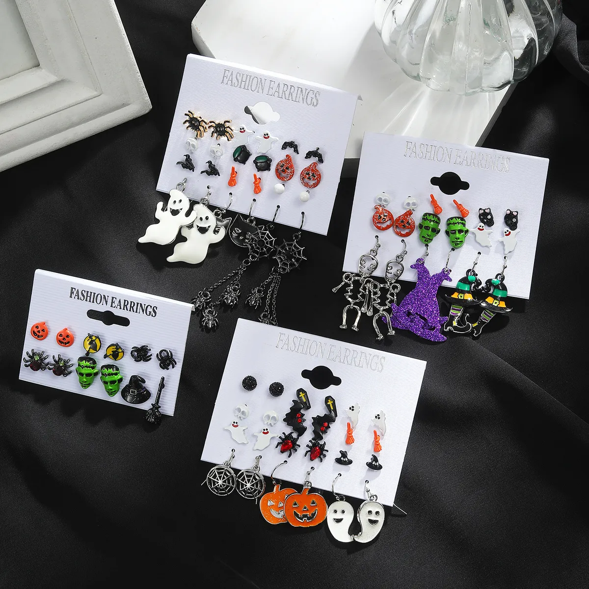 Fashion Halloween Dropping Oil Ghosts Bats Pumpkins Earrings Set