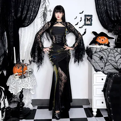 Women Fashion Party Halloween Gothic Lace Bat Sleeve Cardigan Top Two-Piece Set