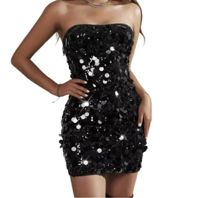 Sexy Women Strapless Sequin Mini Party Dress