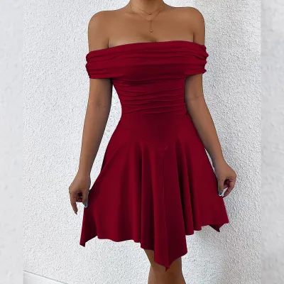 Women Fashion Solid Color Off Shoulder Irregular Dress