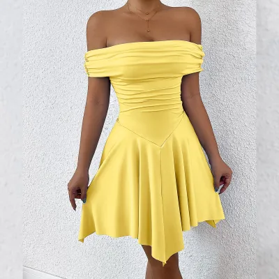 Women Fashion Solid Color Off Shoulder Irregular Dress