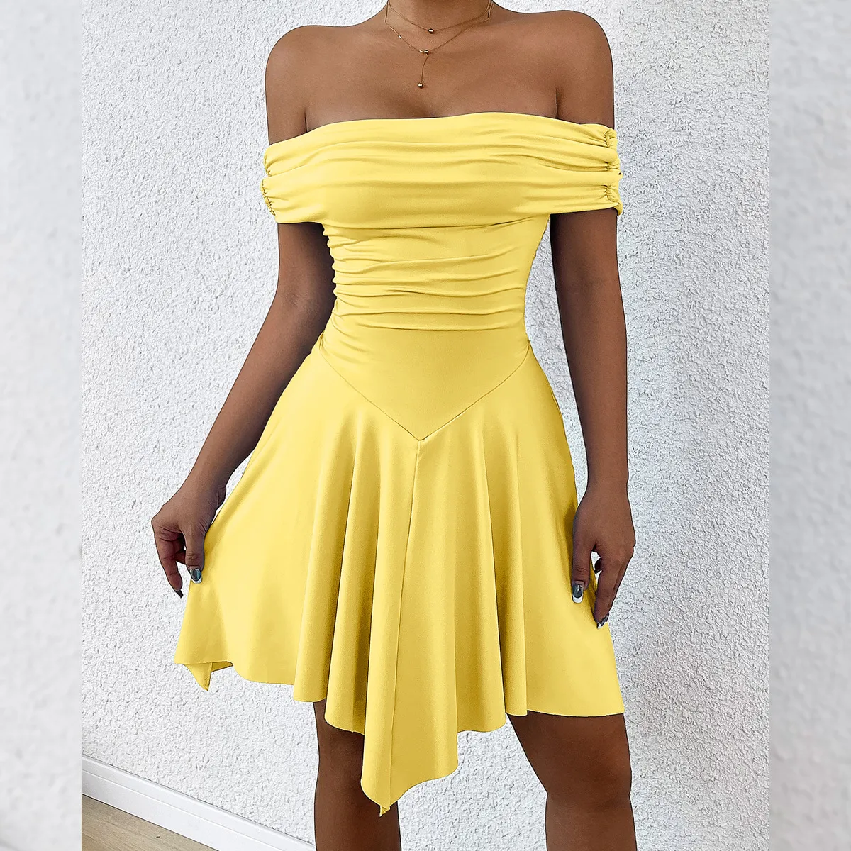 Women Fashion Solid Color Off Shoulder Irregular Dress