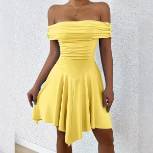Women Fashion Solid Color Off Shoulder Irregular Dress