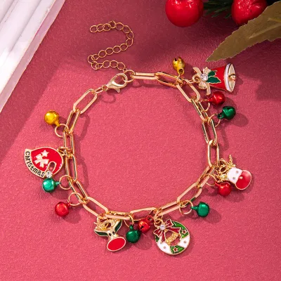 Women Fashion Christmas Snowflake Elk Pendant Bell Pearl Bracelet