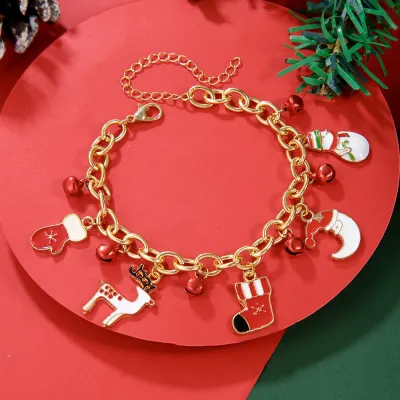 Women Fashion Christmas Snowflake Elk Pendant Bell Pearl Bracelet