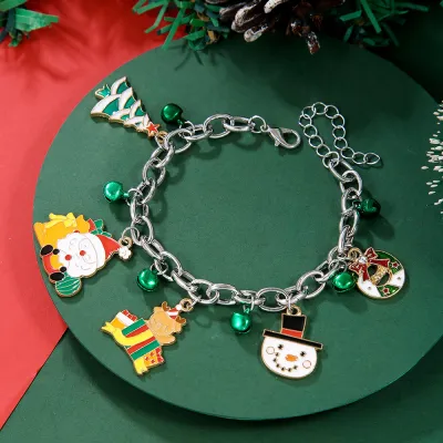Women Fashion Christmas Snowflake Elk Pendant Bell Pearl Bracelet