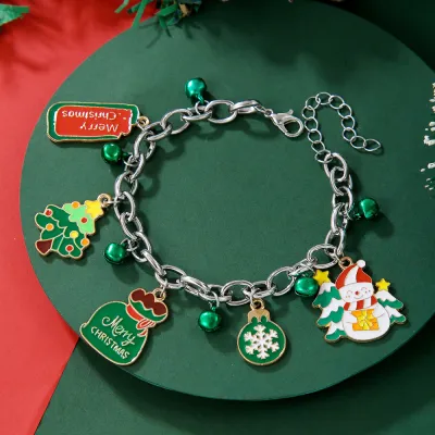 Women Fashion Christmas Snowflake Elk Pendant Bell Pearl Bracelet