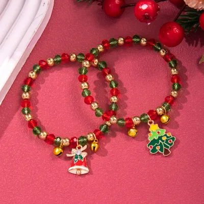 Women Fashion Christmas Snowflake Elk Pendant Bell Pearl Bracelet