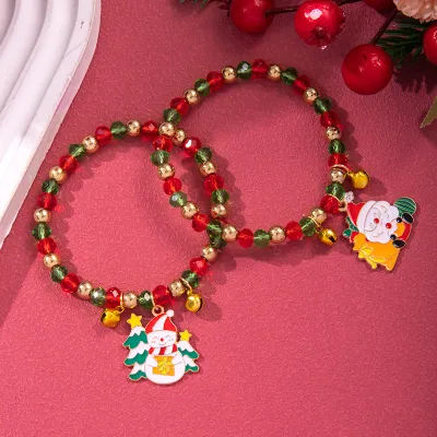 Women Fashion Christmas Snowflake Elk Pendant Bell Pearl Bracelet