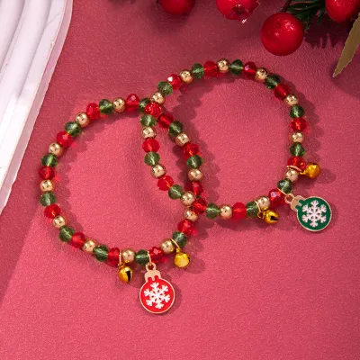 Women Fashion Christmas Snowflake Elk Pendant Bell Pearl Bracelet