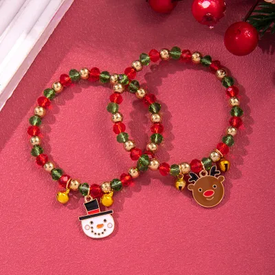 Women Fashion Christmas Snowflake Elk Pendant Bell Pearl Bracelet