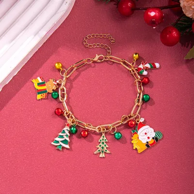 Women Fashion Christmas Snowflake Elk Pendant Bell Pearl Bracelet