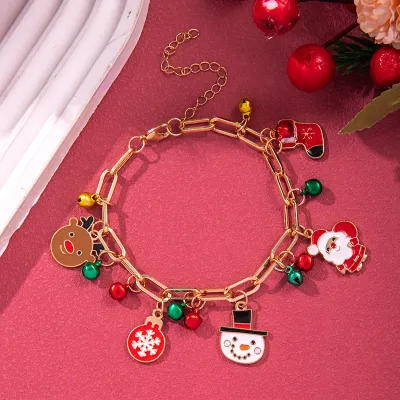 Women Fashion Christmas Snowflake Elk Pendant Bell Pearl Bracelet