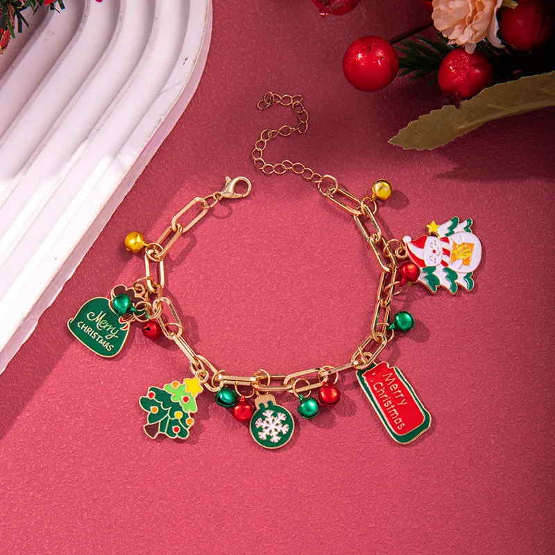 Women Fashion Christmas Snowflake Elk Pendant Bell Pearl Bracelet