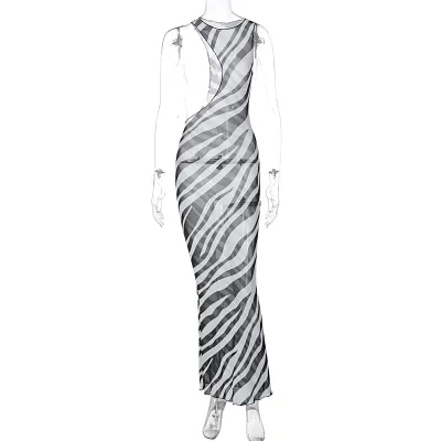 Women Sexy Irregular Mesh See-Through Sleeveless Slim Fit Maxi Dress