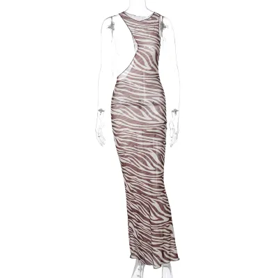Women Sexy Irregular Mesh See-Through Sleeveless Slim Fit Maxi Dress