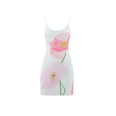 Women Fashion Sexy Floral Printed U-Neck Backless Spaghetti Strap Dress